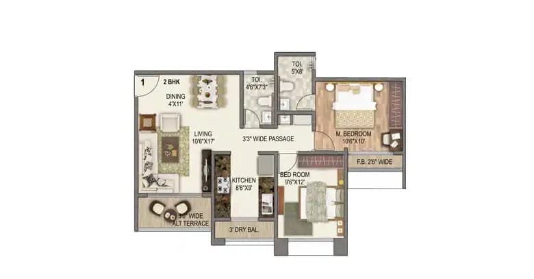 Floor Plan 2 BHK-610 Sq.ft.
