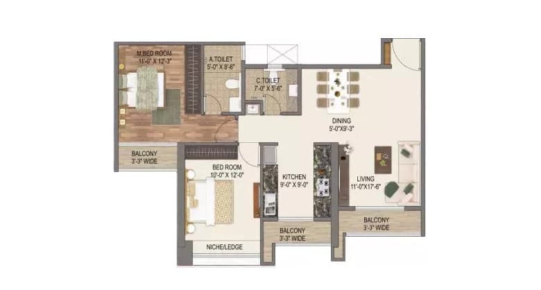 Floor Plan 2 BHK-800 Sq.ft.