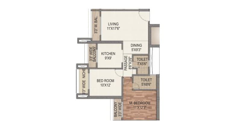 Floor Plan 2 BHK-878 Sq.ft.