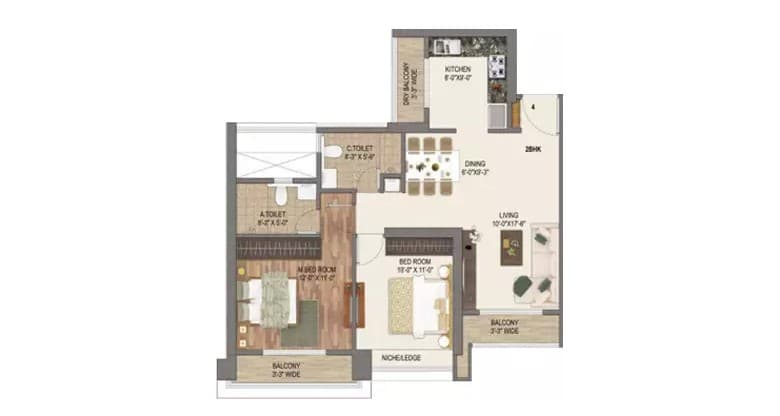 Floor Plan 2 BHK-931 Sq.ft.