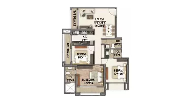 Floor Plan 3 BHK-1096 Sq.ft.
