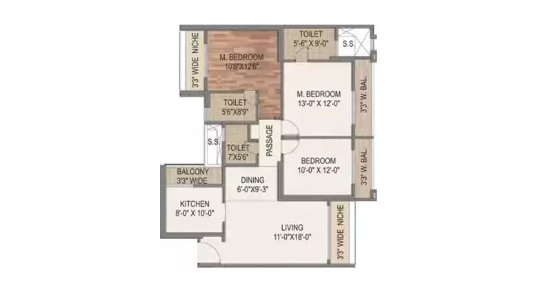Floor Plan 3 BHK-1190 Sq.ft.
